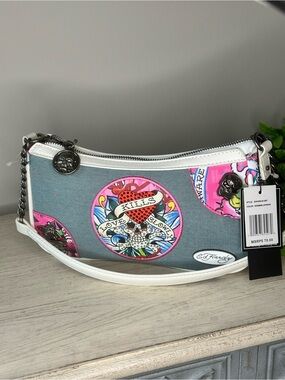 Ed Hardy Gray & Pink Canvas Logo Shoulder Bag